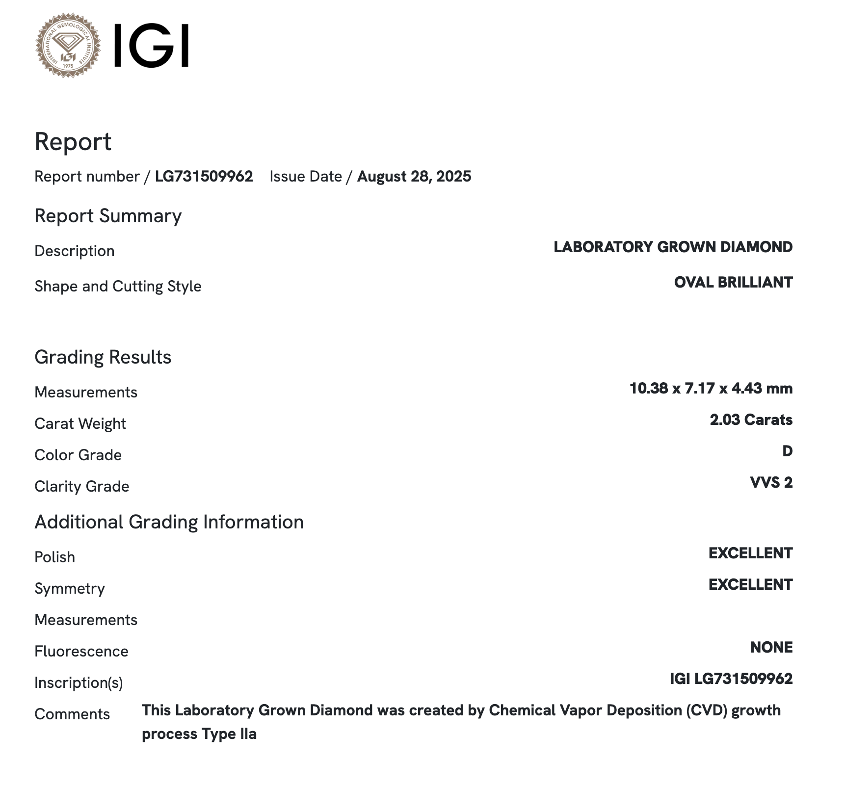 IGI Certificate Oval 2.03ct D VVS2