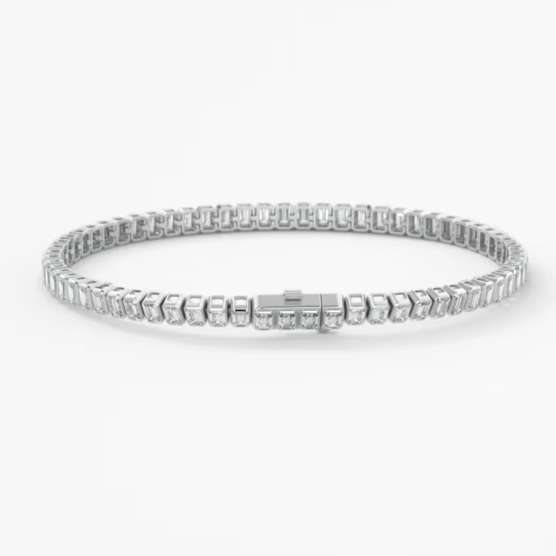 A platinum tennis bracelet with a central rectangular clasp, set with clear stones, shown against a plain white background.