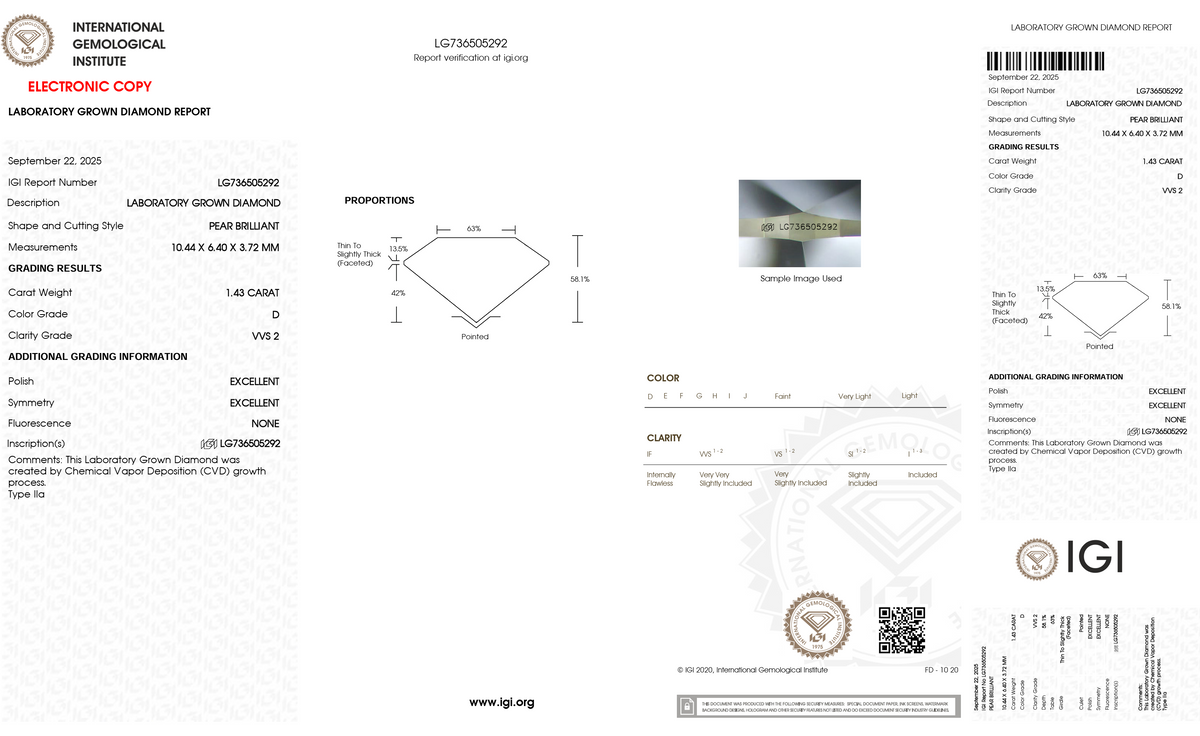 An electronic copy of a Laboratory Grown Diamond Report from the International Gemological Institute, showing a diamond certificate with grading results, proportions, color, clarity, and authentication details.