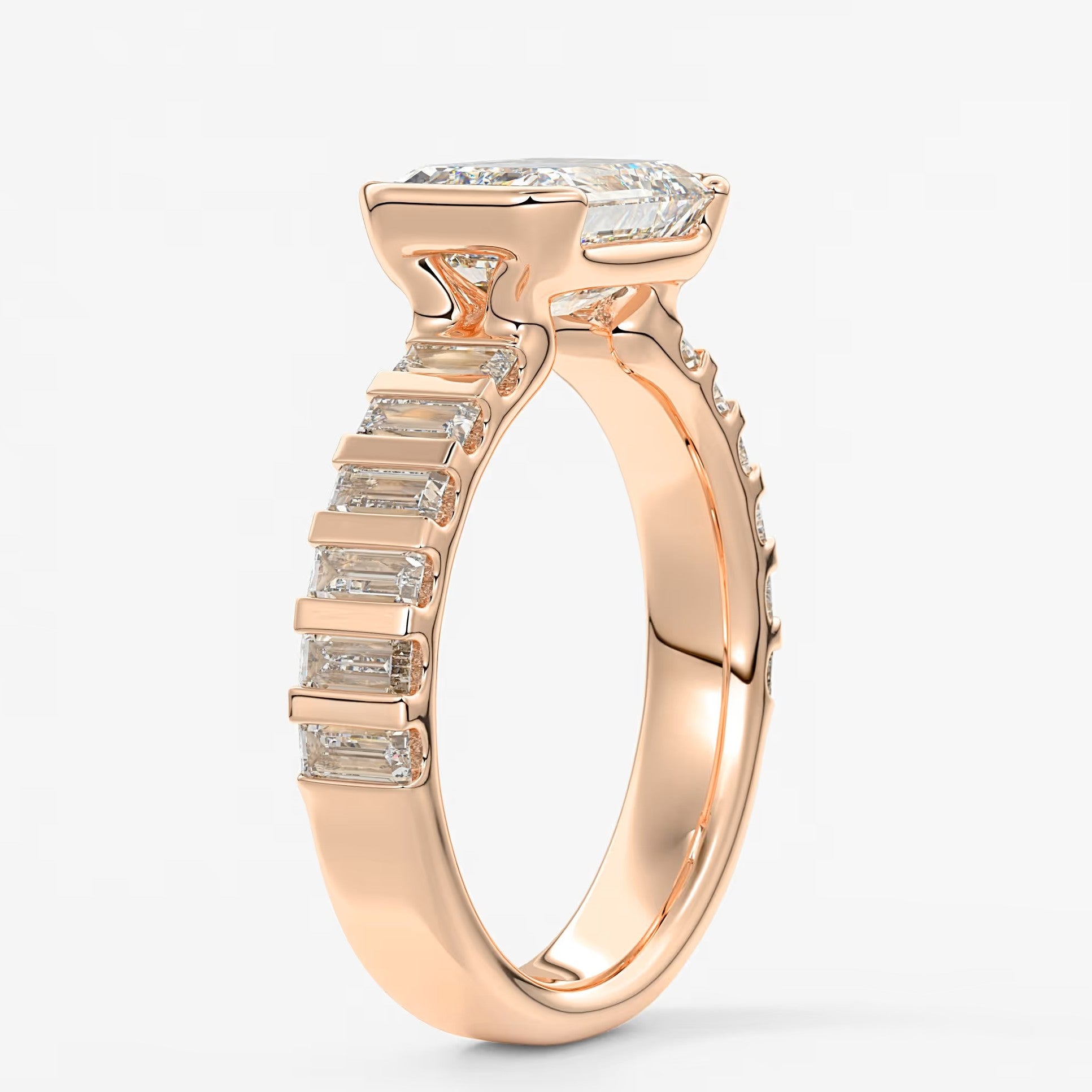 Solara grande east-west emerald half-bezel engagement ring