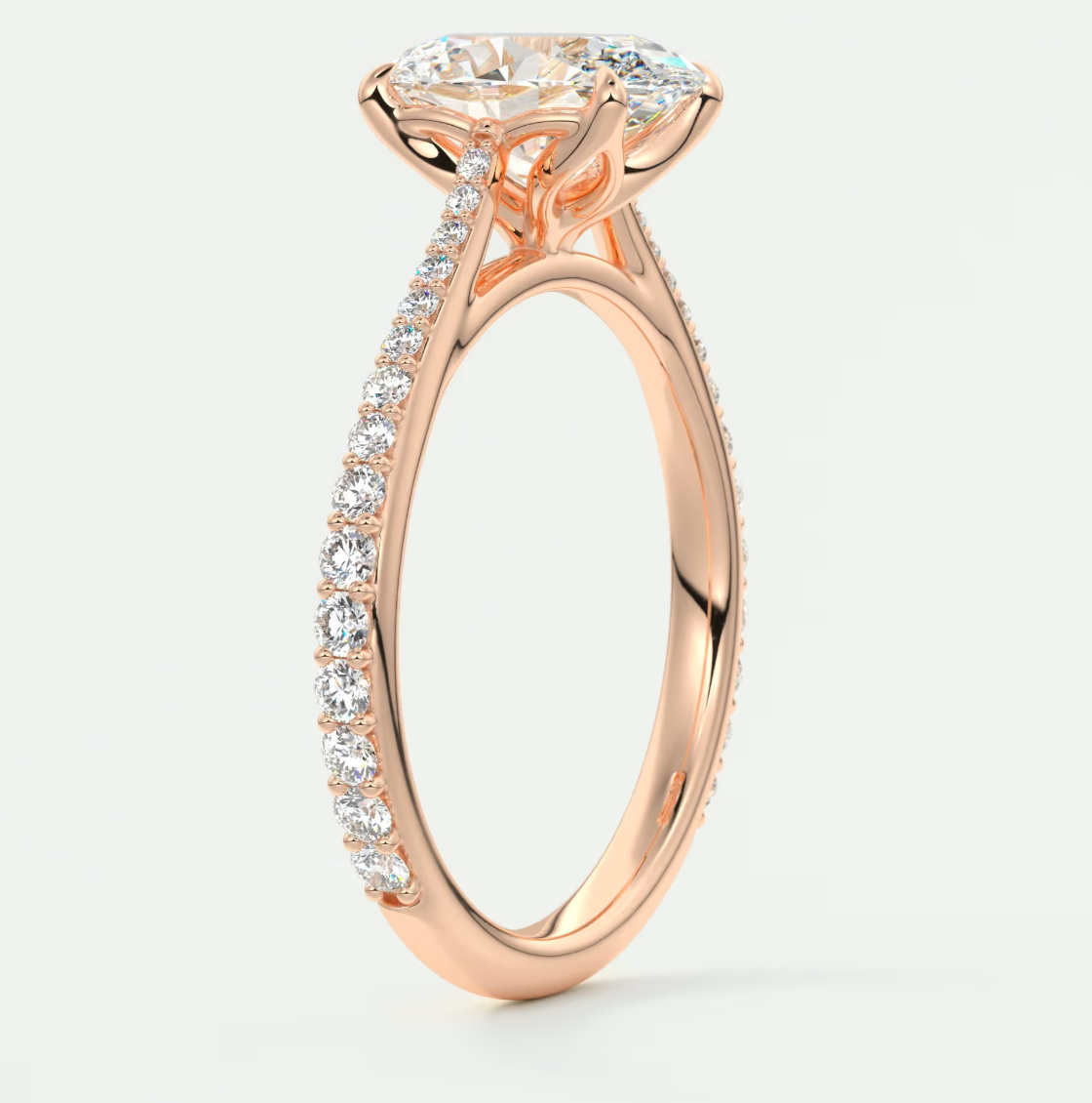 Custom made solenne oval pavé cathedral solitaire engagement ring | lab diamond