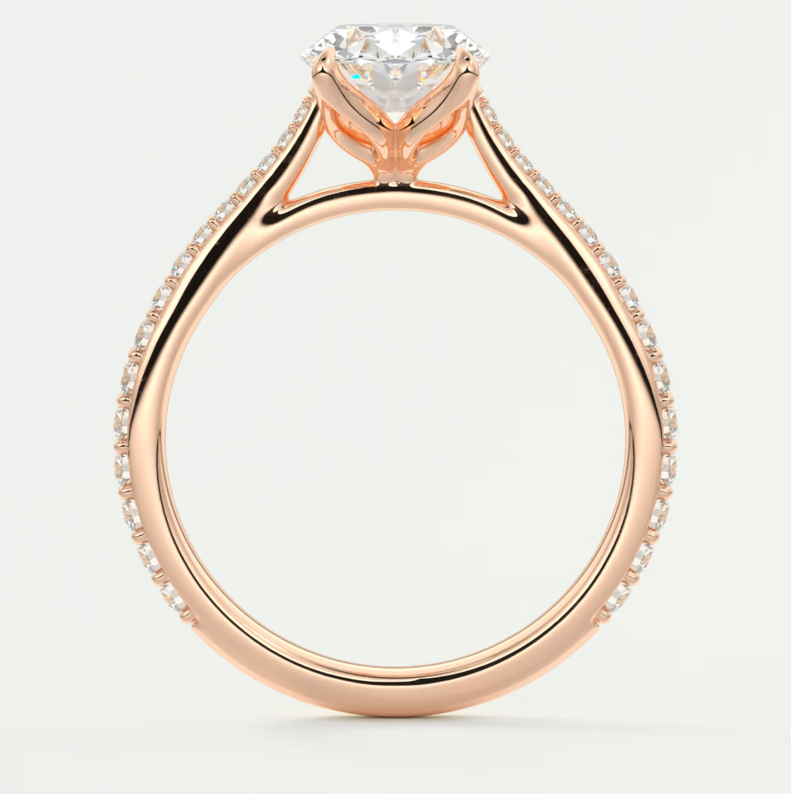 Custom made solenne oval pavé cathedral solitaire engagement ring | lab diamond