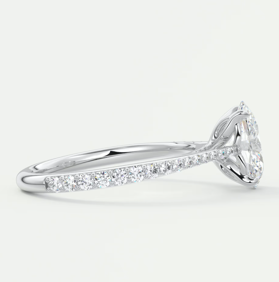 Custom made solenne oval pavé cathedral solitaire engagement ring | lab diamond
