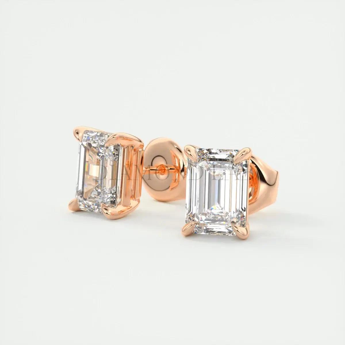 18-karat rose gold diamond stud earrings with emerald-cut diamonds.