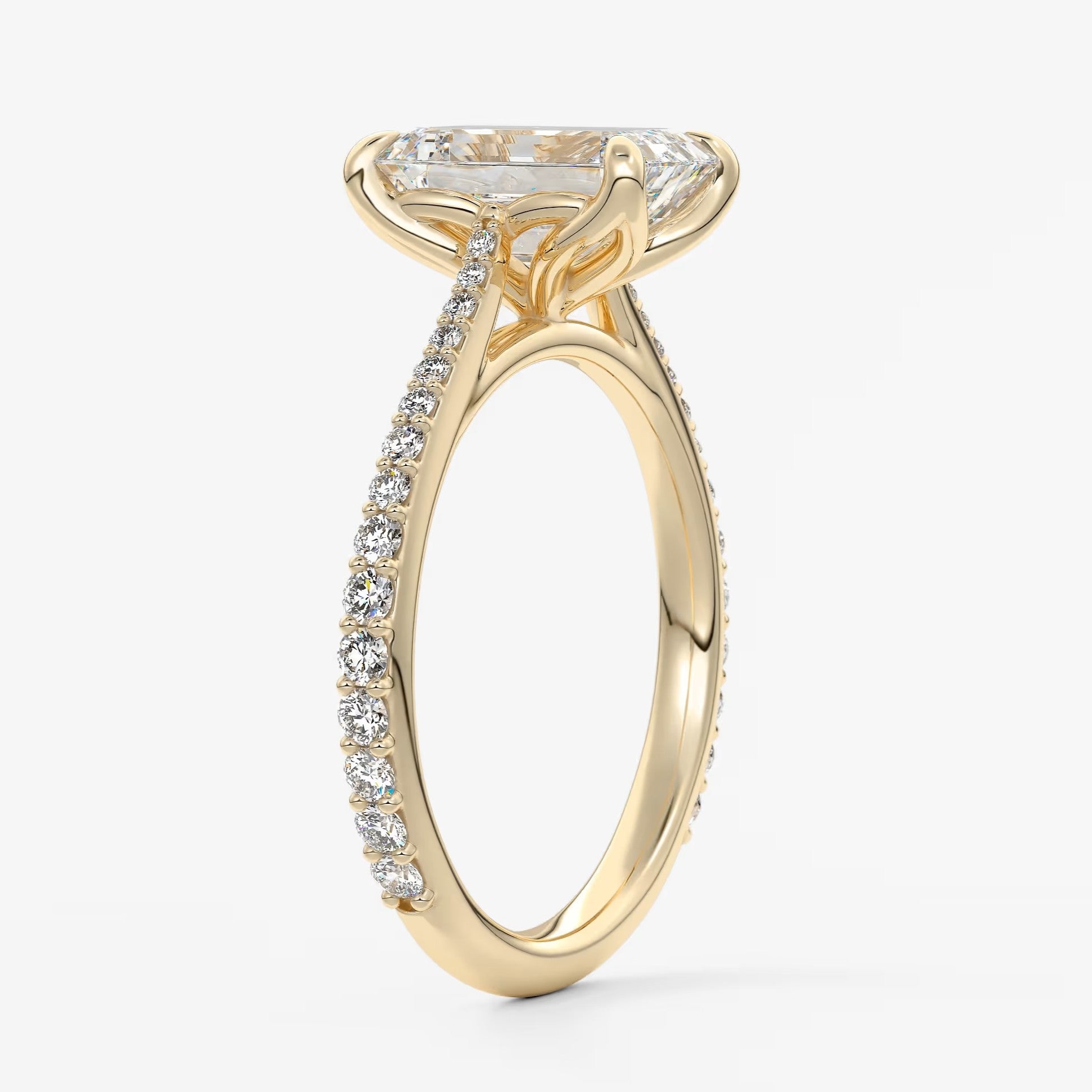 Tulip emerald pavé cathedral solitaire ring