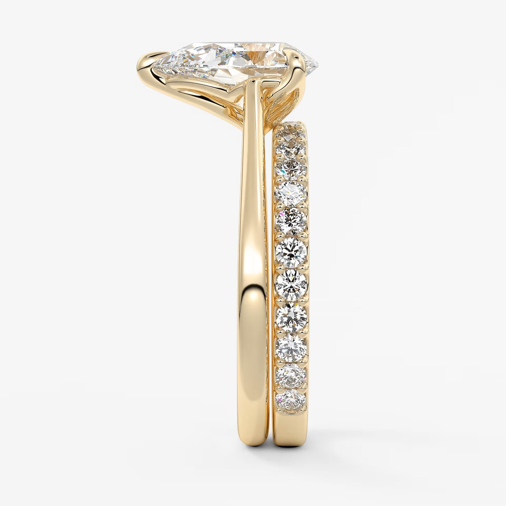 Tulip pear cathedral engagement ring