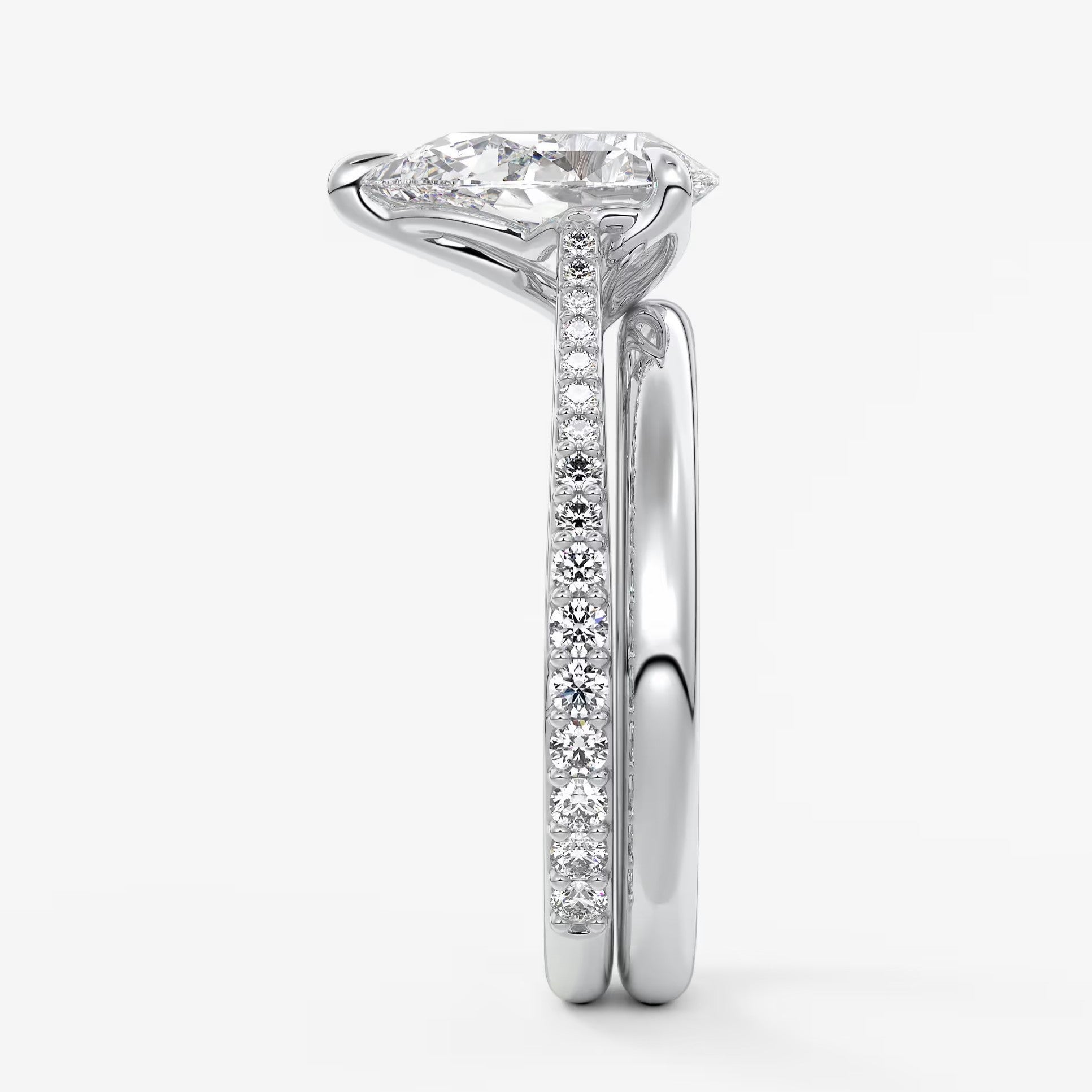 Tulip pear pavé cathedral solitaire ring
