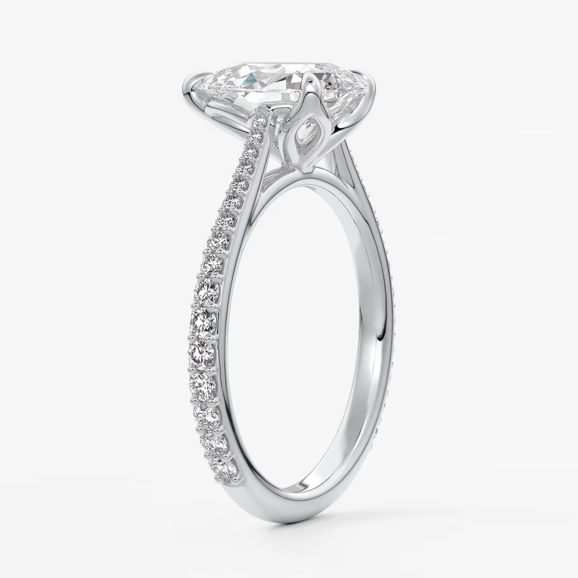 Tulip pear pavé cathedral solitaire ring