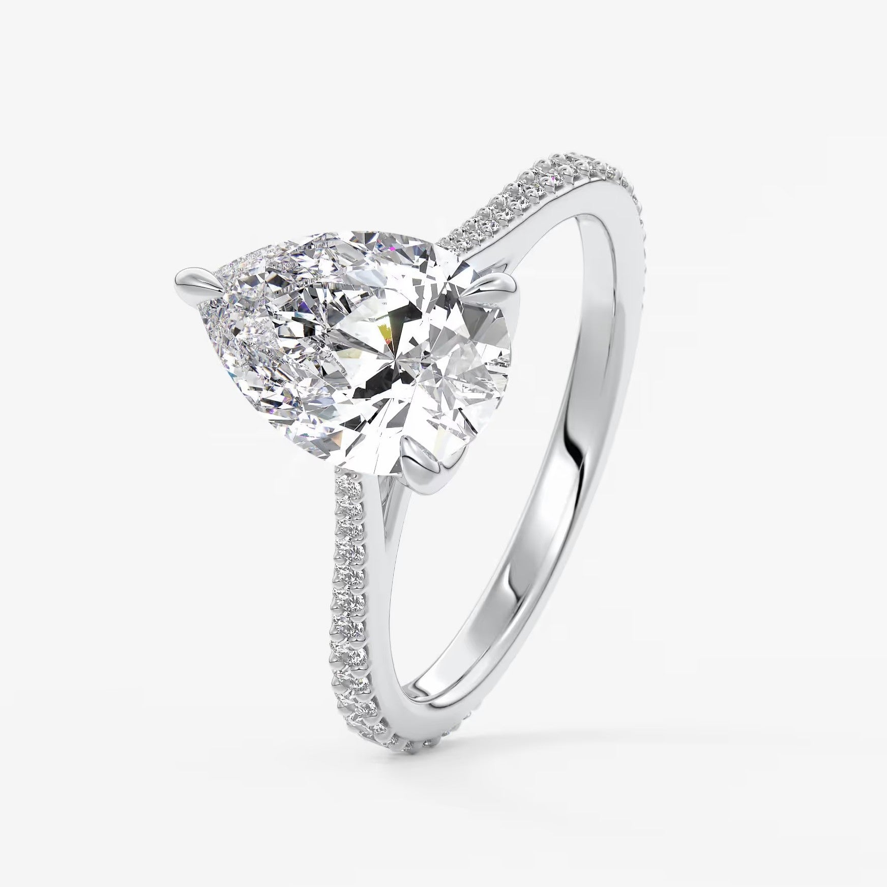 Tulip pear pavé cathedral solitaire ring