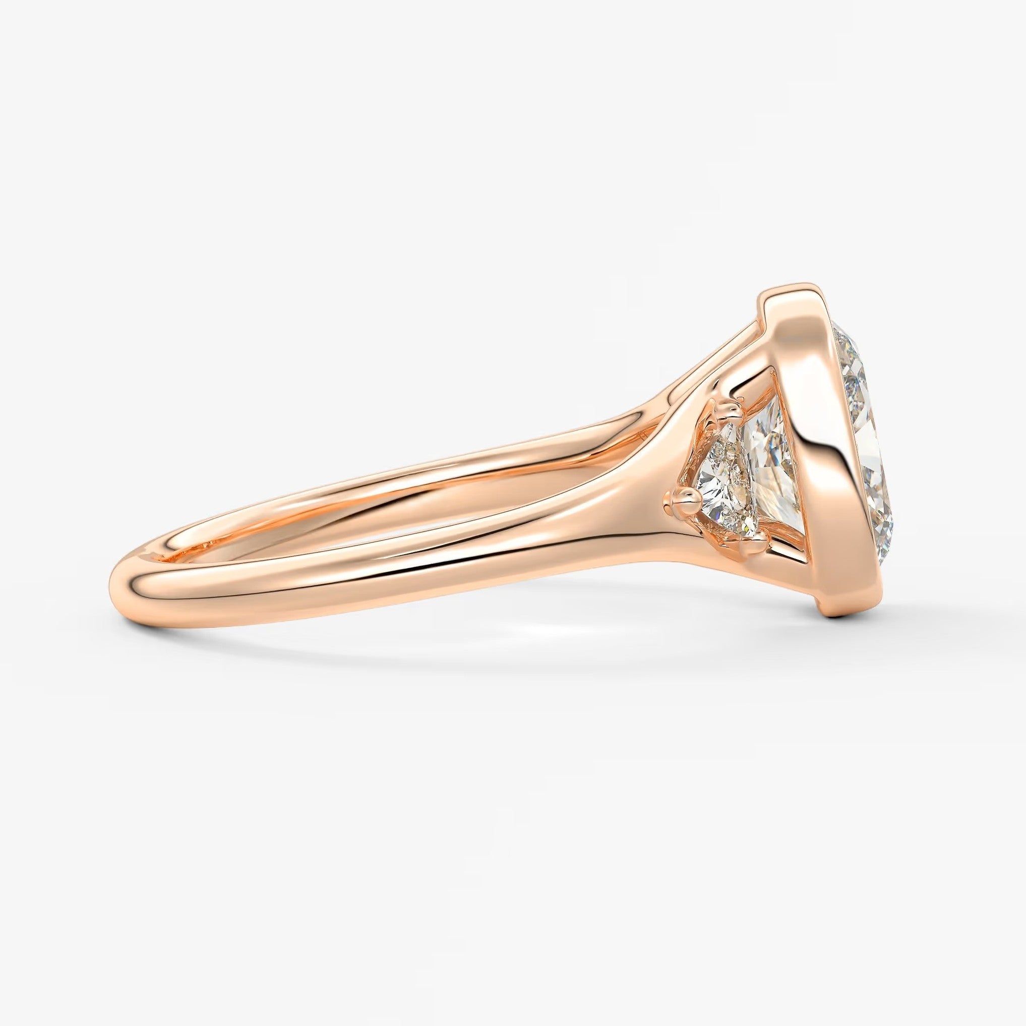 Véda trilogy – cushion with trillion side stone split shank engagement ring