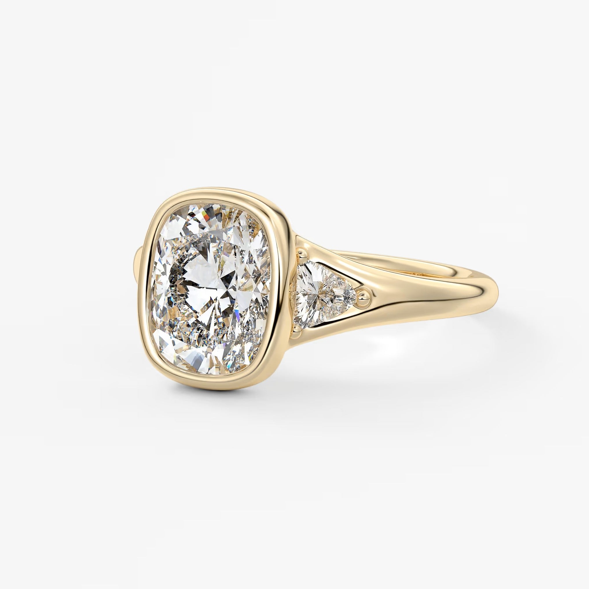 Véda trilogy – cushion with trillion side stone split shank engagement ring