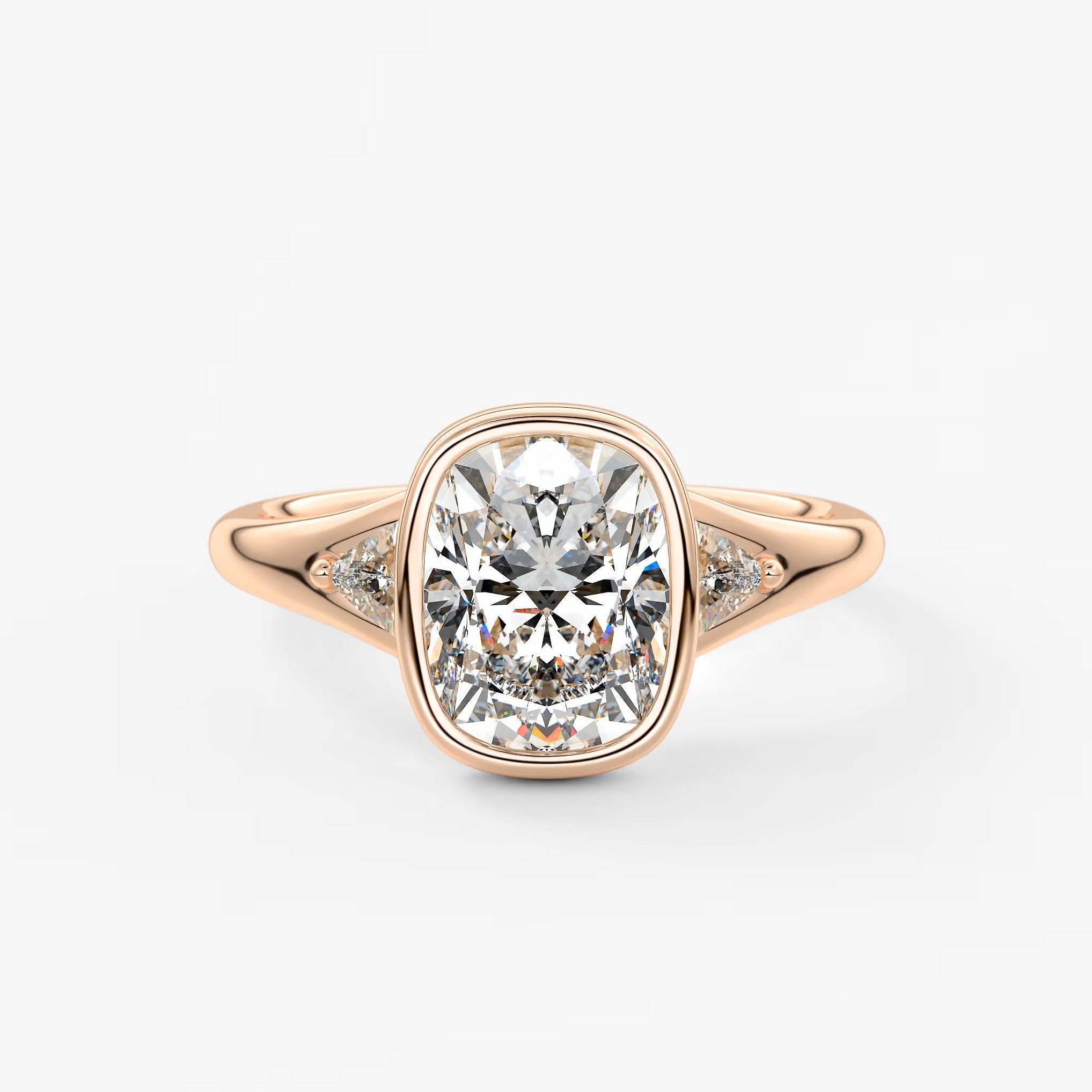 Véda trilogy – cushion with trillion side stone split shank engagement ring