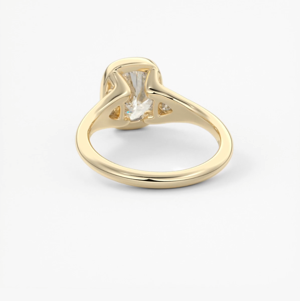 Véda trilogy – cushion with trillion side stone split shank engagement ring