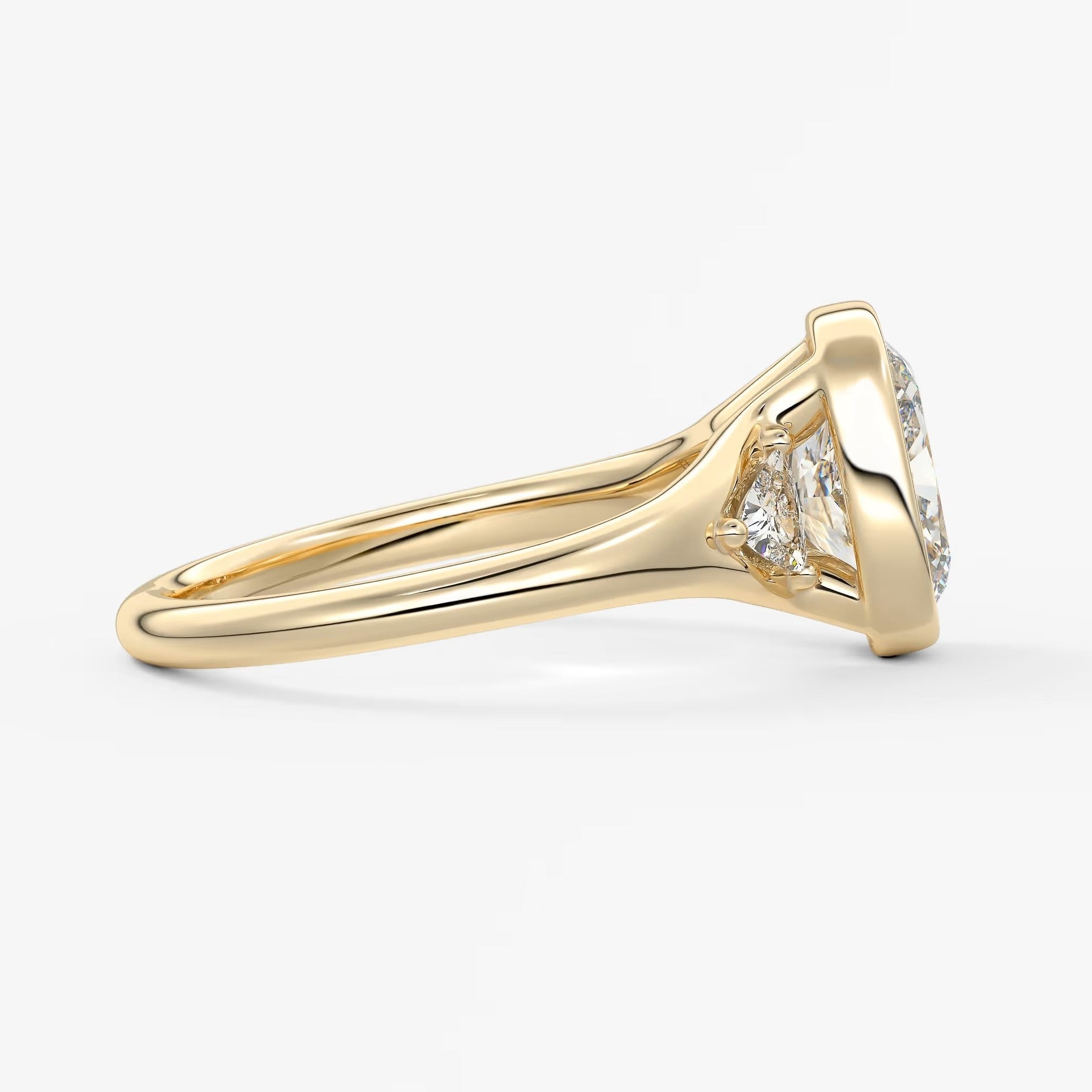 Véda trilogy – cushion with trillion side stone split shank engagement ring