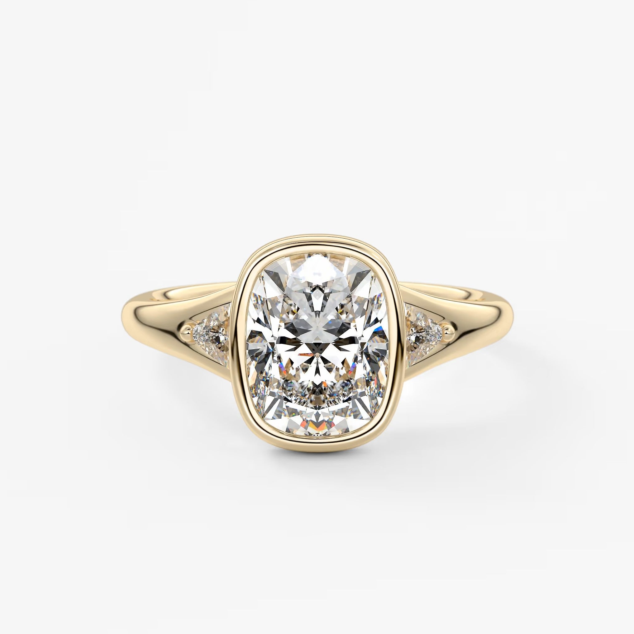 Véda trilogy – cushion with trillion side stone split shank engagement ring