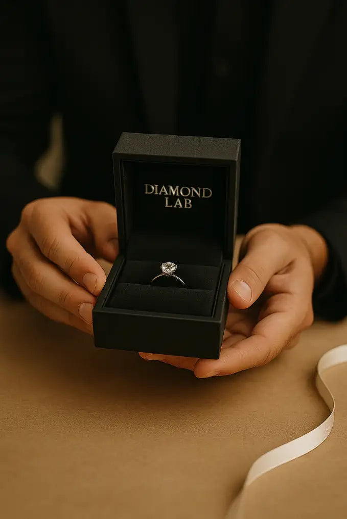 A sparkling diamond engagement ring set in a sleek, silver-toned band rests elegantly inside an open black diamond lab presentation box.