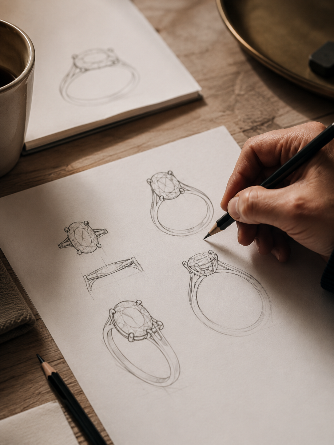 Person sketching ring designs on a piece of paper with a cup and notebook in the background.