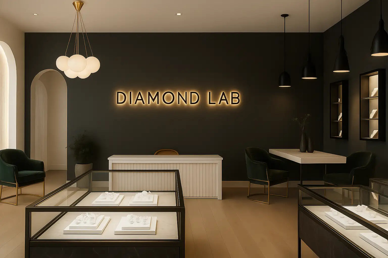 Modern interior of a diamond lab with 'Diamond Lab' sign on the wall.