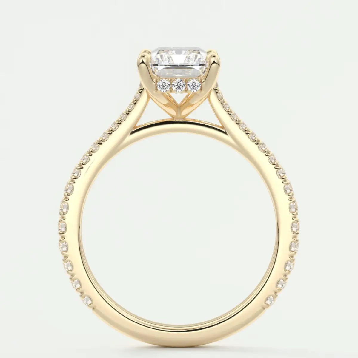 Custom made juliette radiant hidden halo cathedral engagement ring | diamond lab