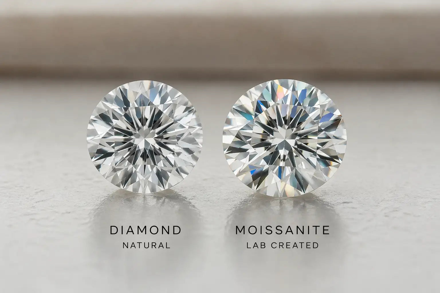 Two diamonds, one natural diamond and one lab-created moissanite, on a reflective surface.