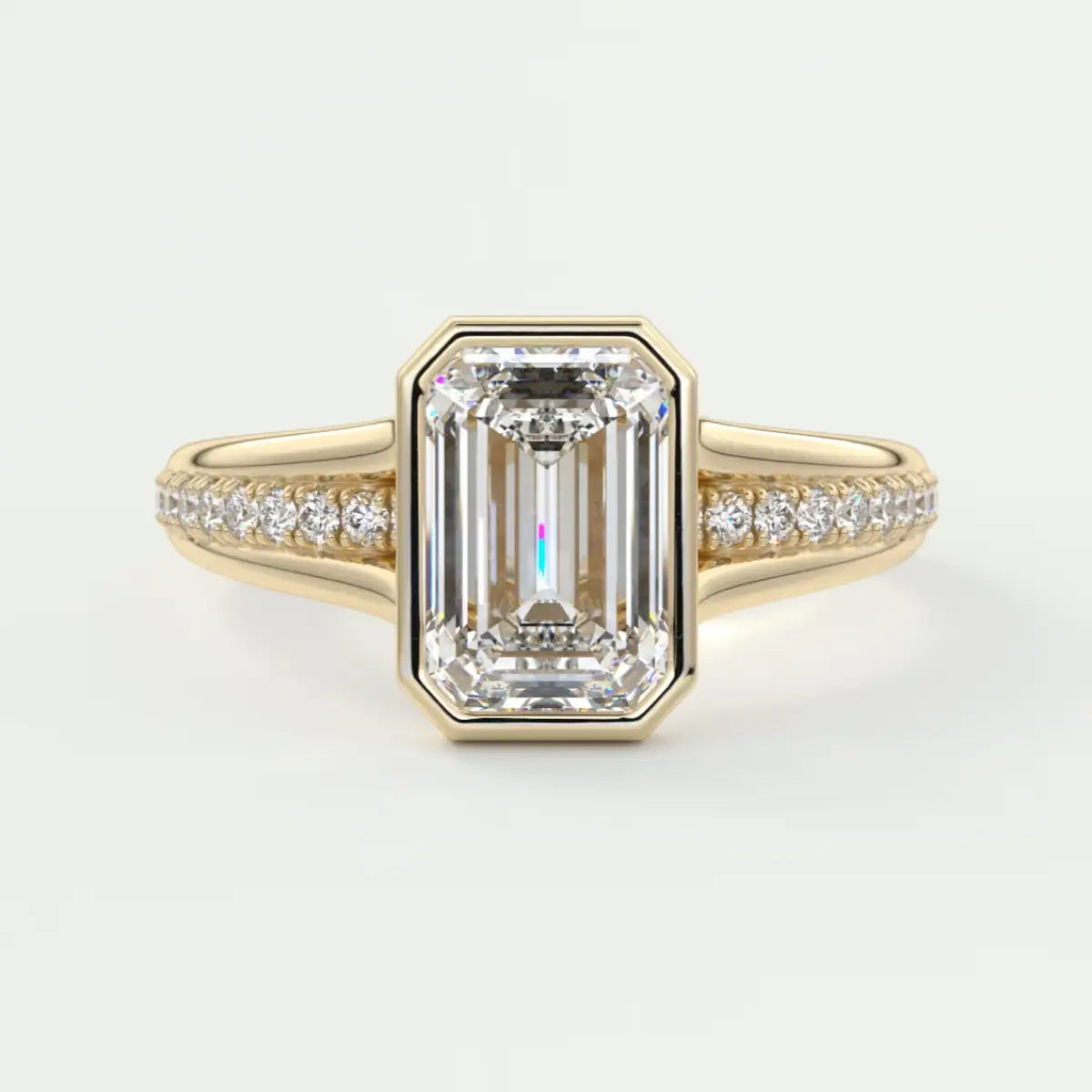 Custom made neriah emerald bezel set engagement ring | split shank | diamond lab