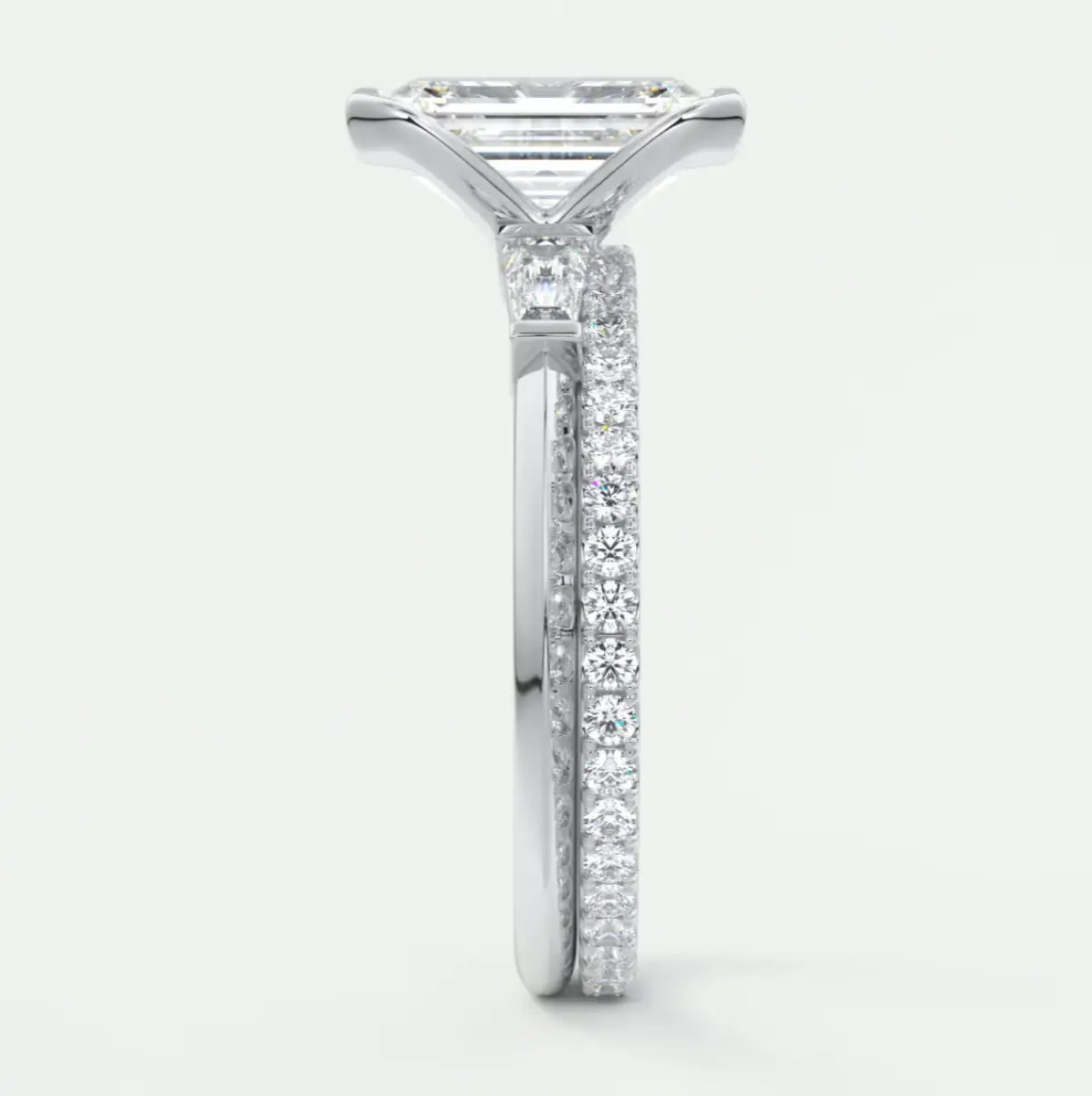 Custom made solara baguette emerald three-stone engagement ring | diamond lab