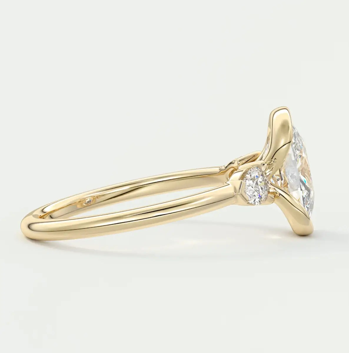 Custom made solara elongated cushion half bezel three-stone engagement ring | diamond lab