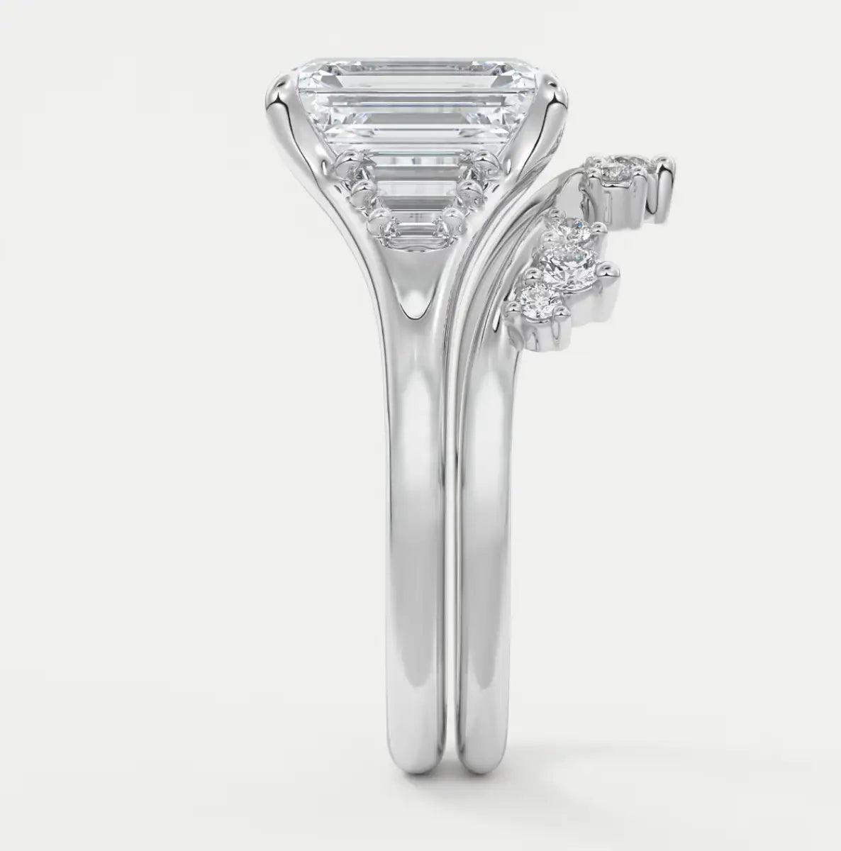 Custom made solena emerald split shank engagement ring with baguette side stones | diamond lab