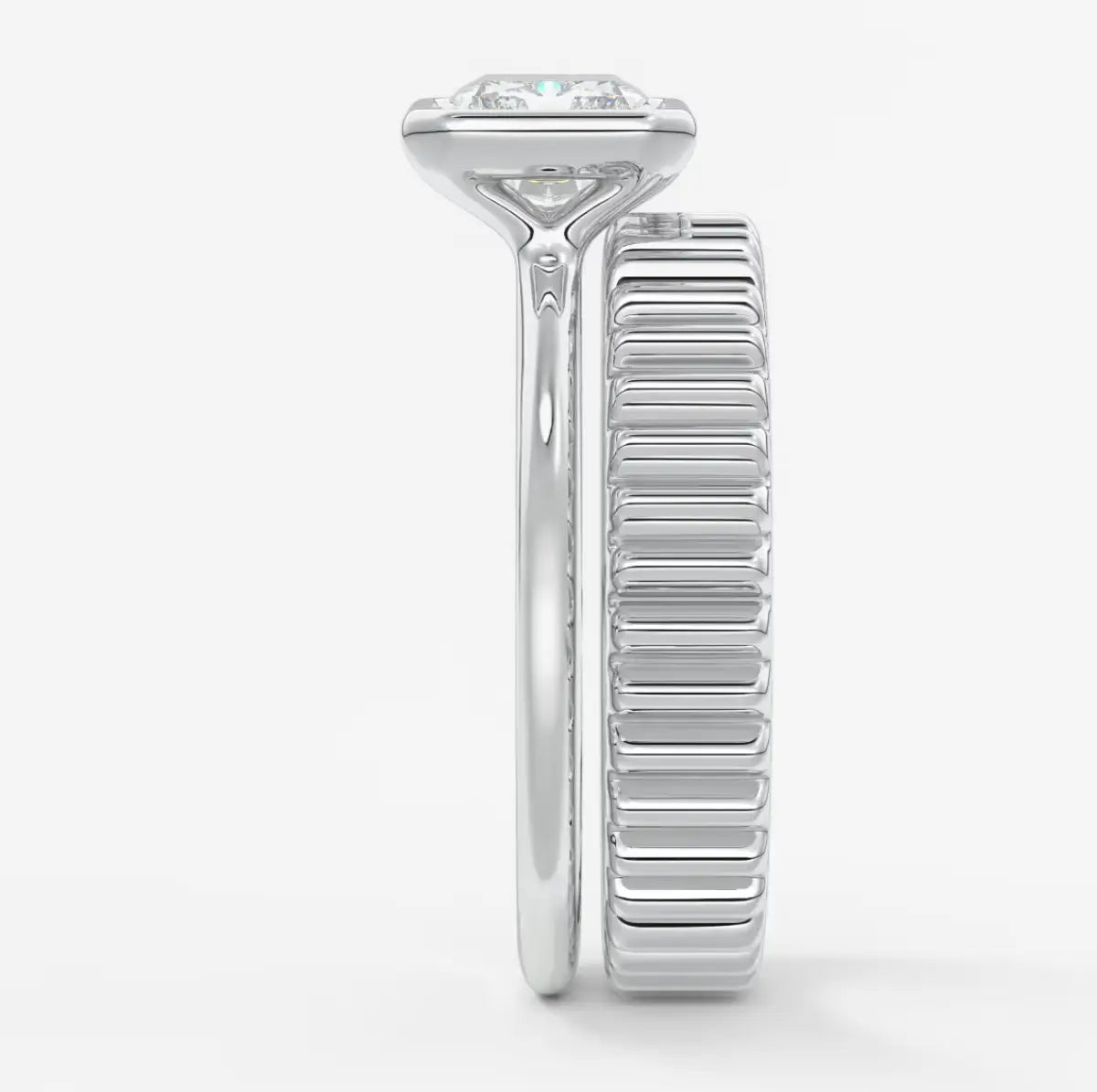 Custom made véda east-west radiant bezel engagement ring | lab diamond or moissanite –