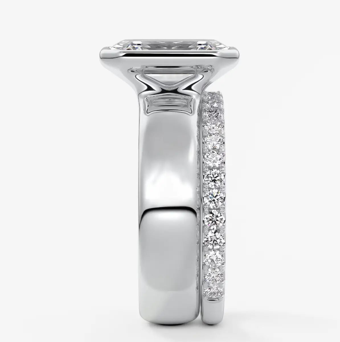 Custom made véda grande emerald bezel engagement ring | wide band | diamond lab