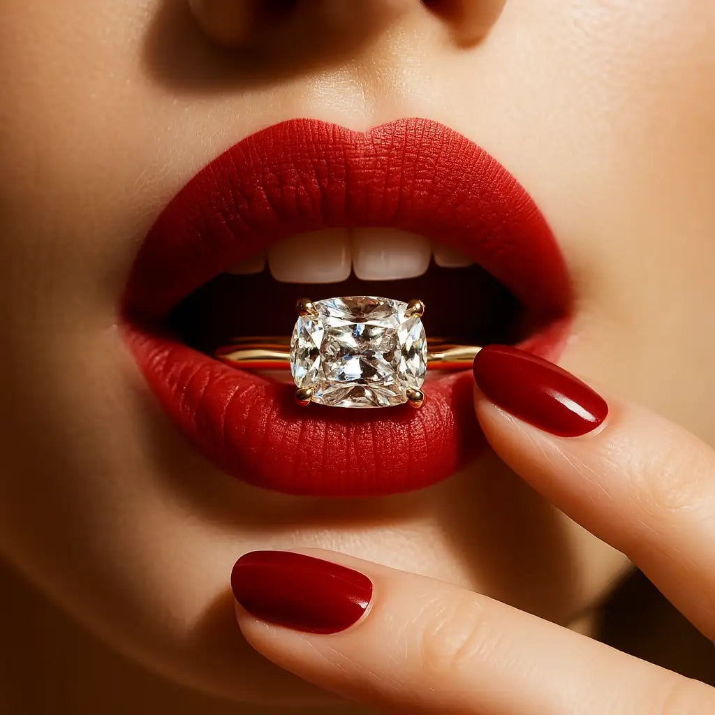 Elongated cushion lab diamond engagement ring  between a woman red lips