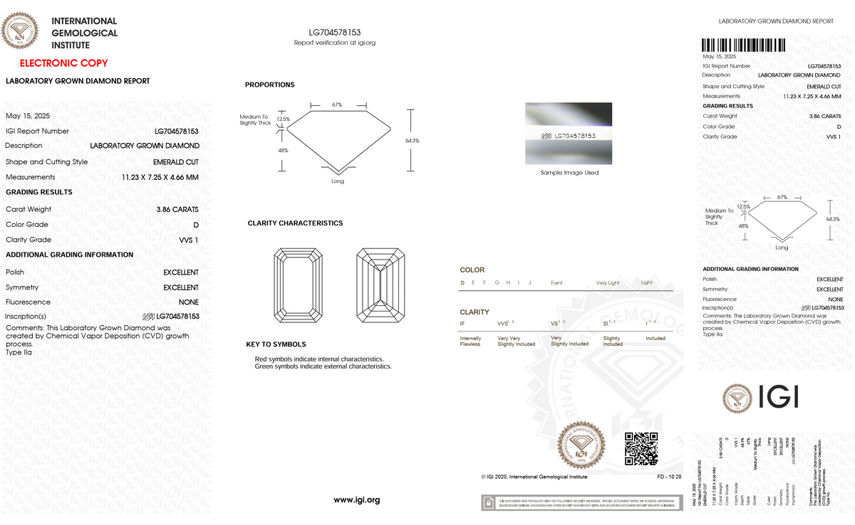 An IGI (International Gemological Institute) laboratory grown diamond grading report and certificate, featuring technical specifications, dimensions, and a key to gemstone symbols on a white background.