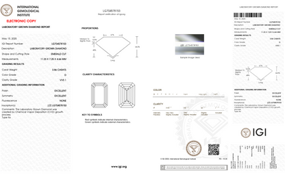 An IGI (International Gemological Institute) laboratory grown diamond grading report and certificate, featuring technical specifications, dimensions, and a key to gemstone symbols on a white background.