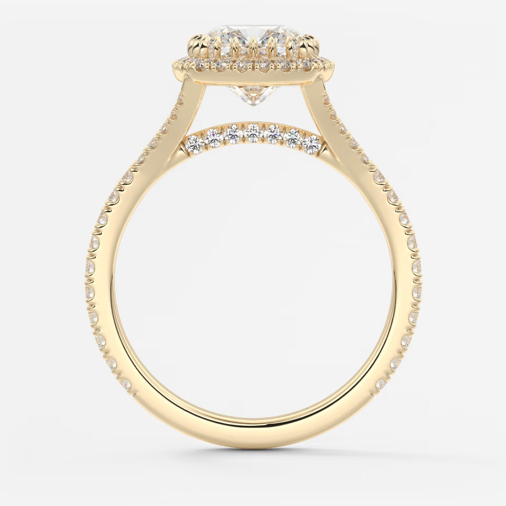Aeris cushion halo pavé bridge engagement ring