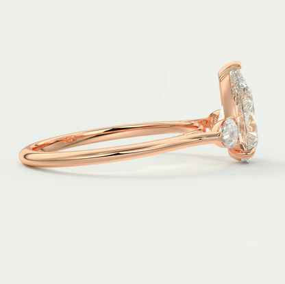 Rose gold diamond engagement ring with a halo design and pave setting.