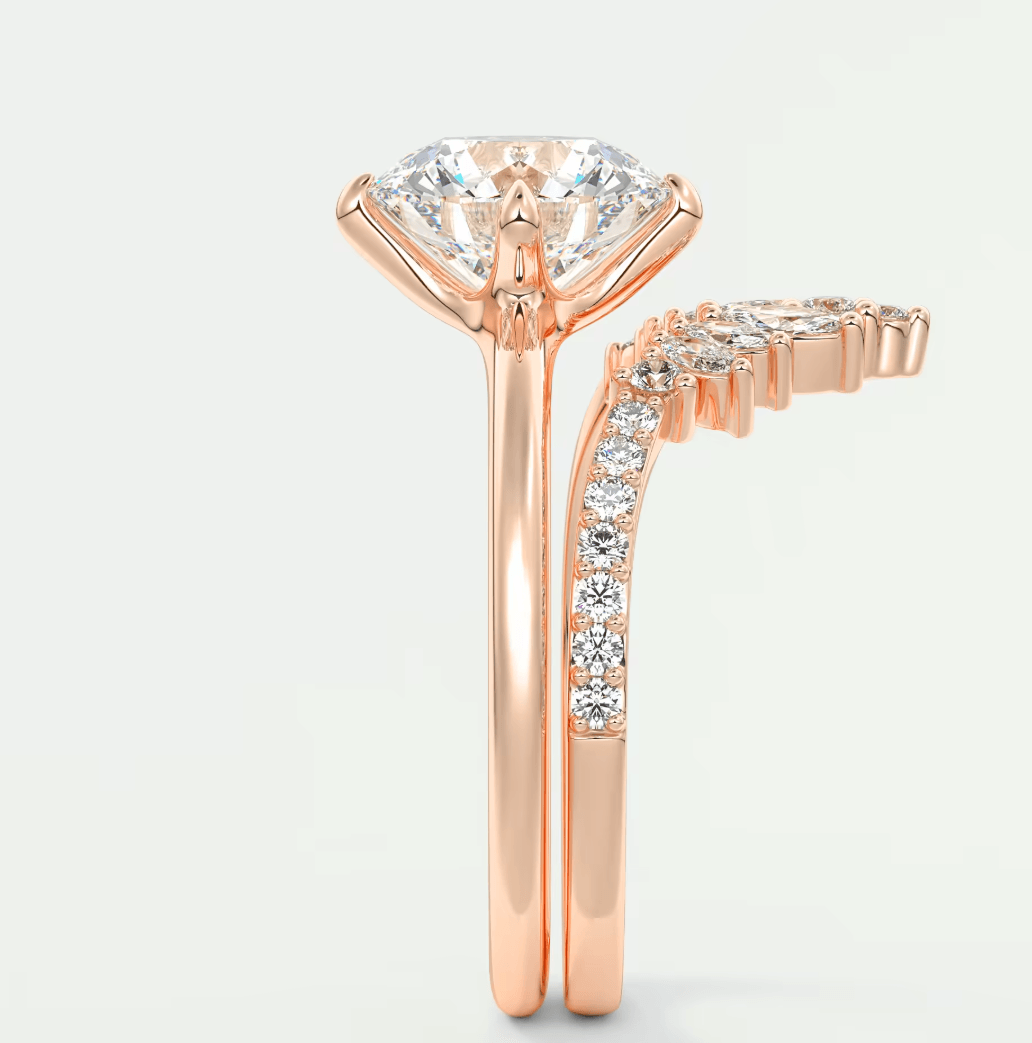 18k rose gold princess cut diamond engagement ring with matching band.