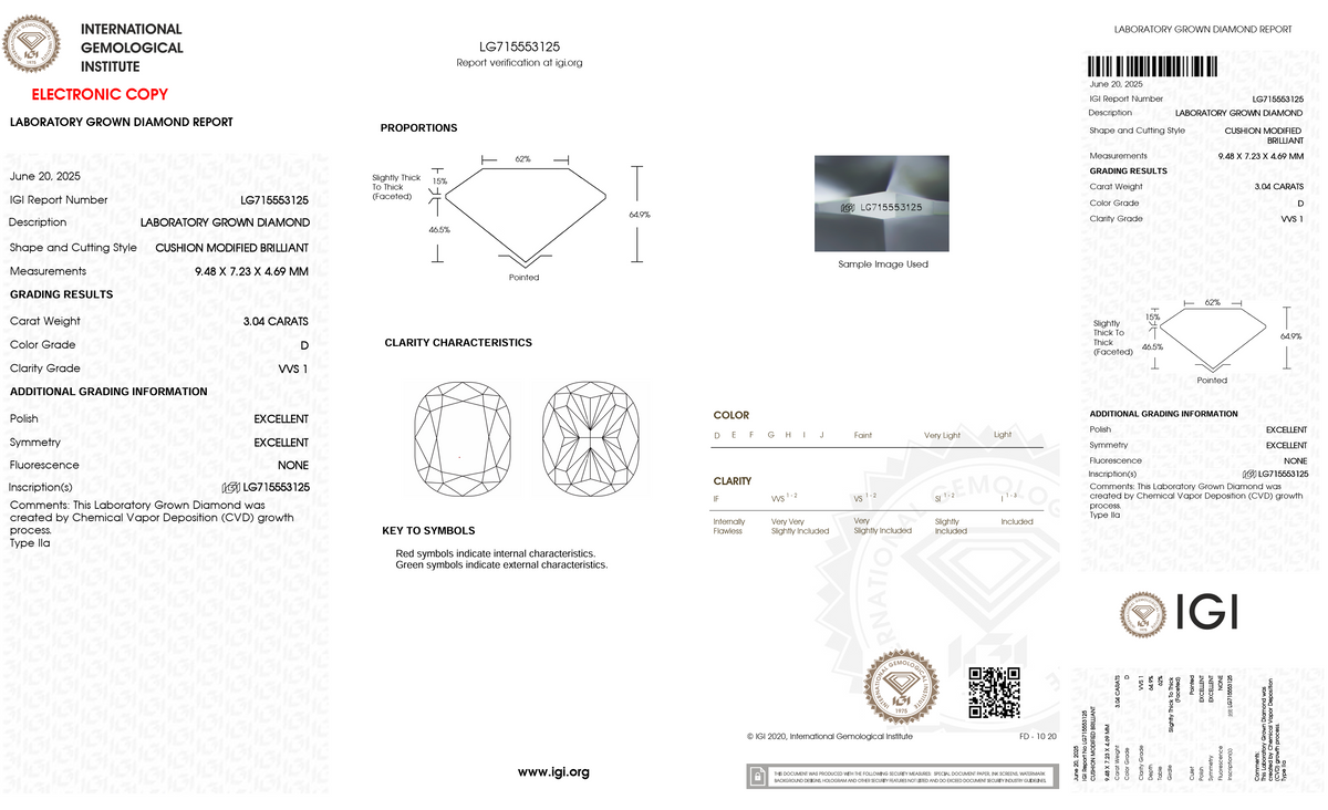 A laboratory gemstone grading report and certificate from the International Gemological Institute (IGI) for a lab-grown diamond. The document features a diamond profile diagram, a key to symbols, color and clarity grading tables, and certification details on a white background.