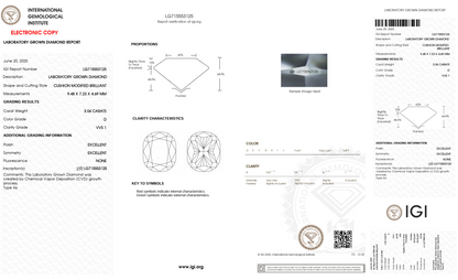 A laboratory gemstone grading report and certificate from the International Gemological Institute (IGI) for a lab-grown diamond. The document features a diamond profile diagram, a key to symbols, color and clarity grading tables, and certification details on a white background.