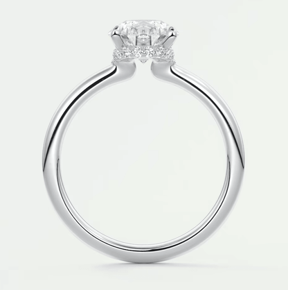 White gold diamond engagement ring with halo design and pave set diamonds on band.