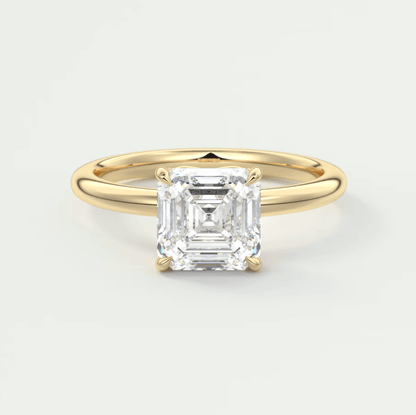 18k yellow gold engagement ring with an asscher-cut diamond.