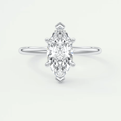 18k white gold marquise diamond engagement ring with a classic solitaire design.
