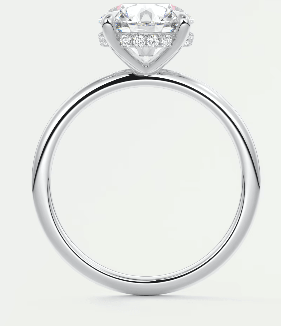White gold diamond engagement ring with a princess cut center stone and small diamonds on the band.
