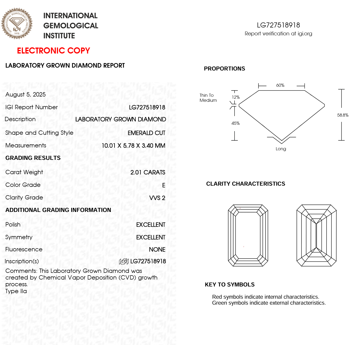 Laboratory grown diamond report with gemological details on a white background