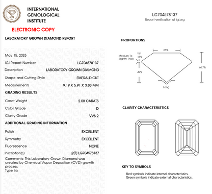 International Gemological Institute report for a laboratory grown diamond with specifications and grading details.