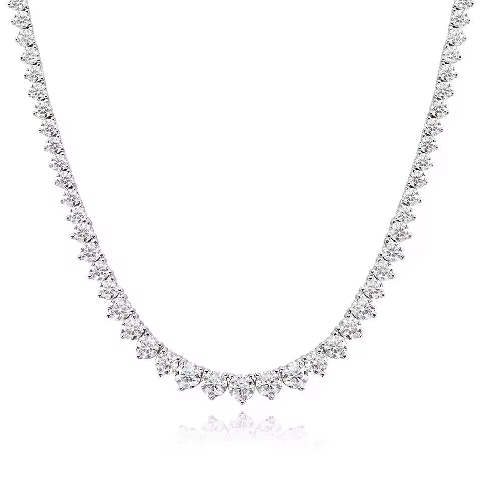 Custom made graduated moissanite tennis necklace – 18k white gold plated silver