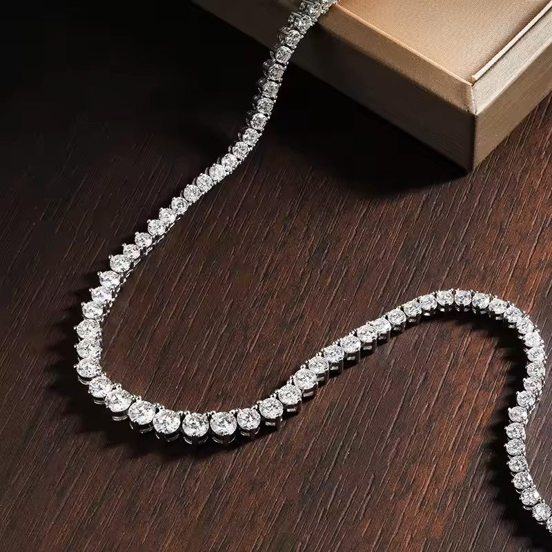 Custom made graduated moissanite tennis necklace – 18k white gold plated silver