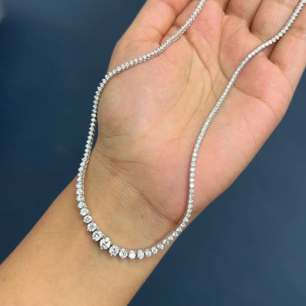 Custom made graduated moissanite tennis necklace – 18k white gold plated silver