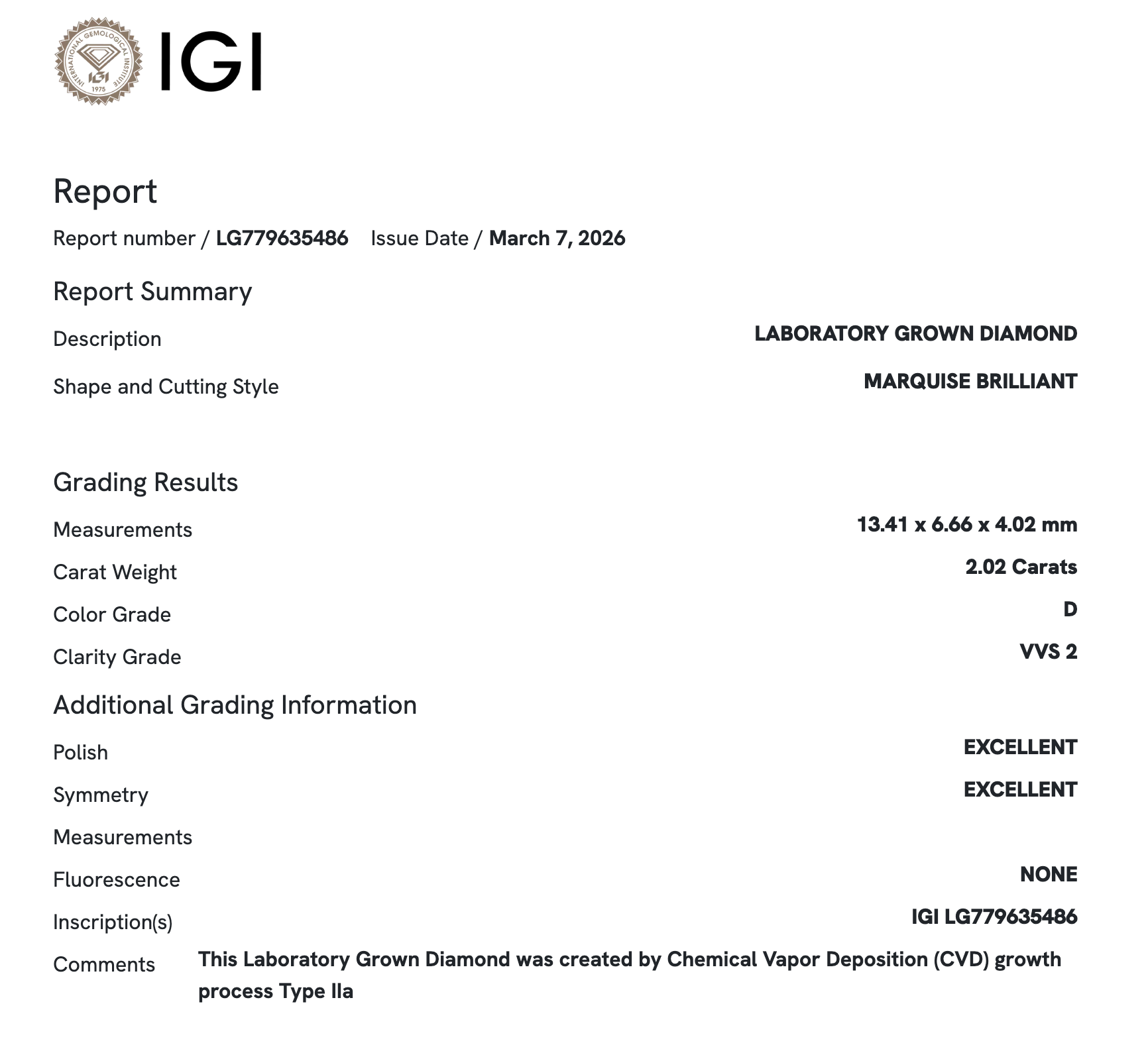 IGI Certificate Marquise 2.02ct