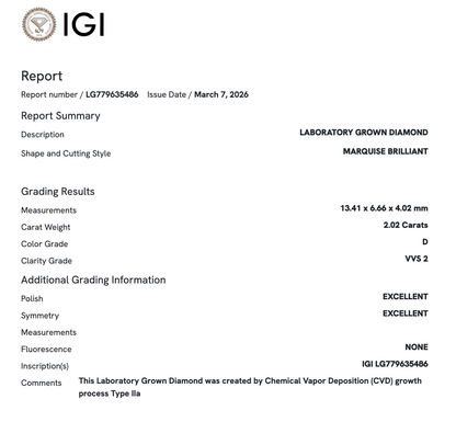 IGI Certificate Marquise 2.02ct