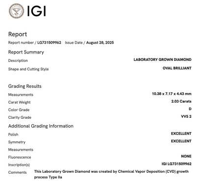 IGI Certificate Oval 2.03ct D VVS2